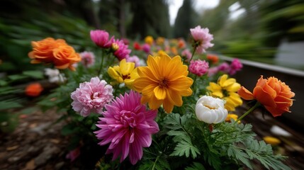 Vibrant Spring Garden with Colorful Dahlia and Poppy Flowers Blooming Brightly