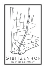 Hand drawn printable downtown road map poster of borough GIBITZENHOF of the German city of NUREMBERG on solid white background with city name