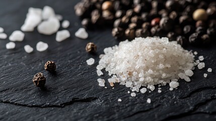 Close-up of Cracked Black Peppercorns and Sea Salt Flakes