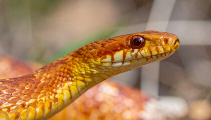 Fototapeta premium Close up of a dangerous red rattlesnake head with scales in wild nature