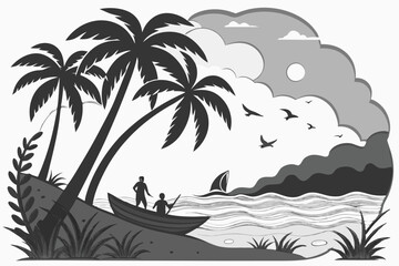 74 Tropical beach scene, paper cut-out art style, black and white, silhouettes, palm trees, ocean waves, small boat, birds flying, people swimming, lush vegetation, layered depth, atmospheric lighting