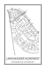 Hand drawn printable downtown road map poster of borough LANGWASSER NORDWEST of the German city of NUREMBERG on solid white background with city name