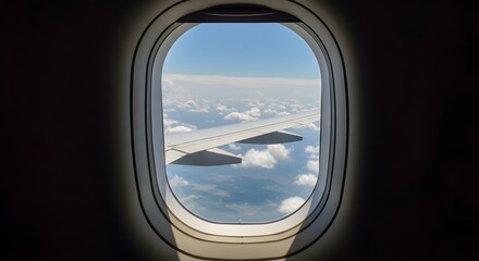Airplane Window View of Wing and Clouds