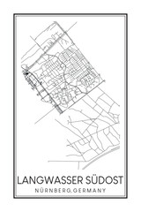 Hand drawn printable downtown road map poster of borough LANGWASSER SÜDOST of the German city of NUREMBERG on solid white background with city name