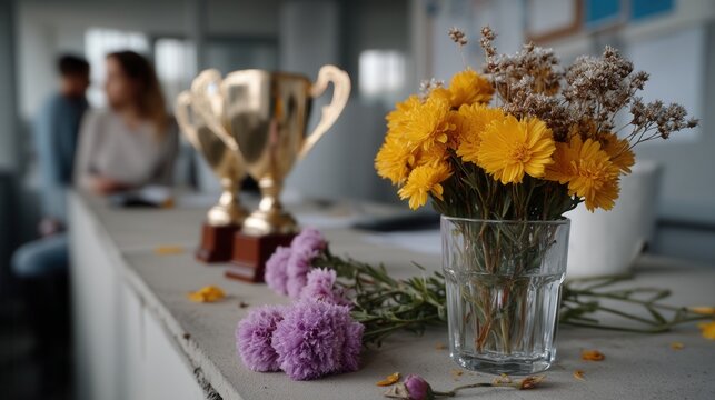 Elegant flower arrangement with yellow and pink flowers, trophies, and blurred people in background at celebration event
