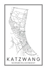 Hand drawn printable downtown road map poster of borough KATZWANG of the German city of NUREMBERG on solid white background with city name