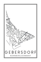 Hand drawn printable downtown road map poster of borough GEBERSDORF of the German city of NUREMBERG on solid white background with city name