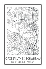 Hand drawn printable downtown road map poster of borough GROSSREUTH BEI SCHWEINAU of the German city of NUREMBERG on solid white background with city name