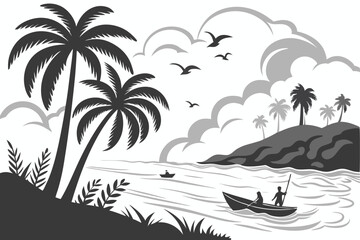 74 Tropical beach scene, paper cut-out art style, black and white, silhouettes, palm trees, ocean waves, small boat, birds flying, people swimming, lush vegetation, layered depth, atmospheric lighting