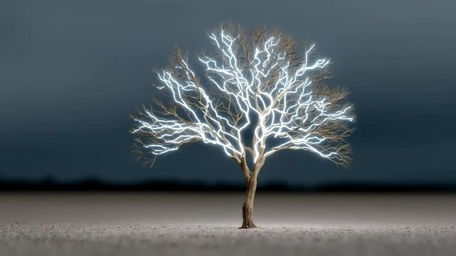 Lightning tree in a barren landscape. A unique tree glows with electric branches in an empty terrain under a stormy sky during twilight hours.