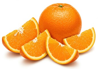 A whole orange fruit with several orange wedges arranged around it on a white surface, showcasing the vibrant color