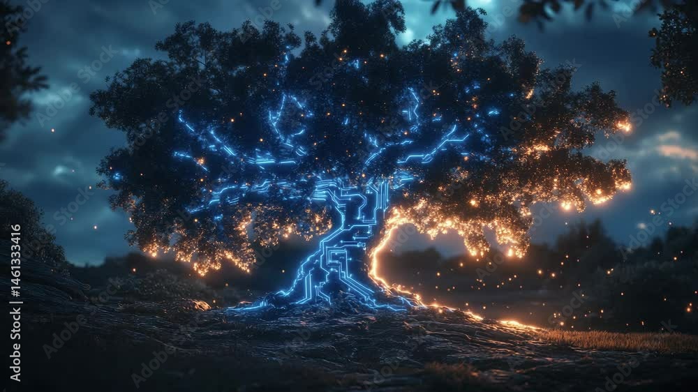 Poster glowing circuit tree lights dusk. a digital tree with glowing circuits stands prominently in a twili