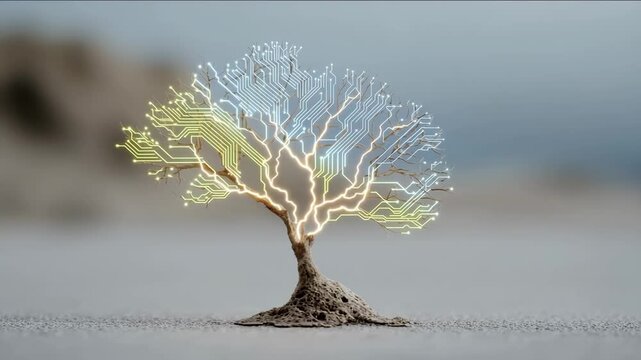Lit circuit-patterned tree. A small tree with glowing circuit designs represents the fusion of nature and technology in a minimalistic setting.