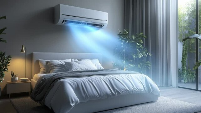 Cozy AC bedroom in use. A modern bedroom showcases an air conditioning unit providing cool air on a warm day, enhancing comfort and relaxation.