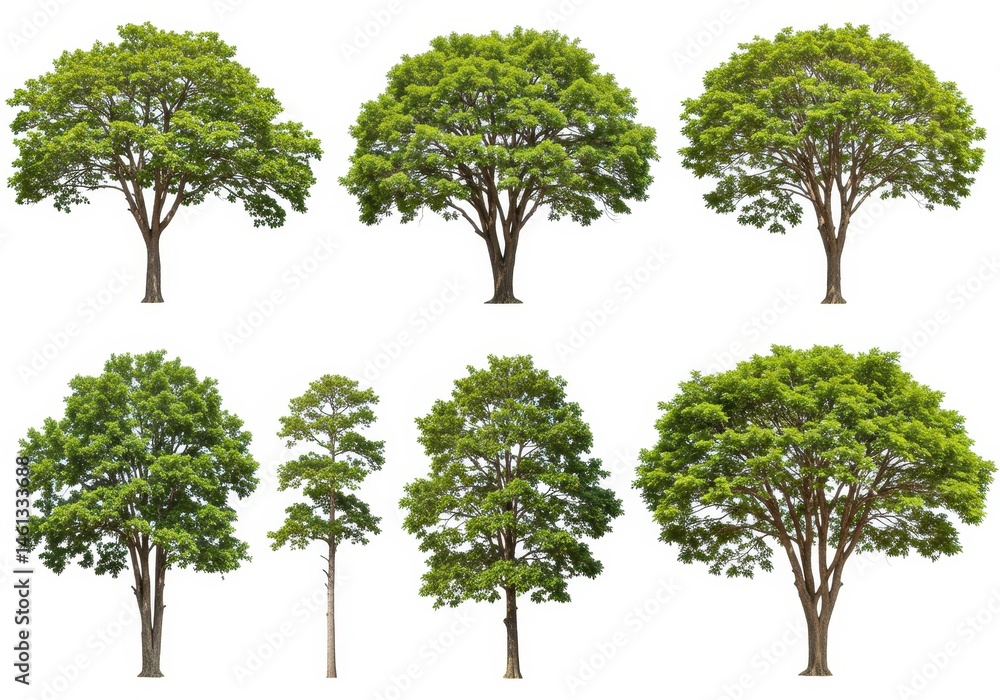 Poster collection of various green trees with different shapes and sizes isolated on a white background