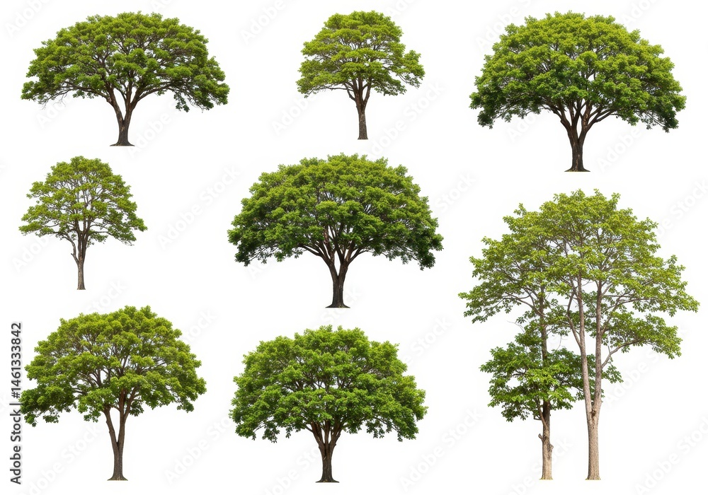 Poster collection of various green trees with full canopies isolated on a white background for use in desig