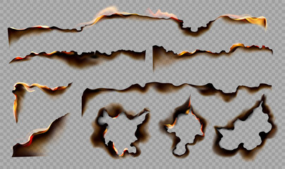 Burning paper borders. Realistic burning paper edges with red flame, frame with charred burnt edge, black ash and fire. Scorched and smoldering holes. 3D vector set.