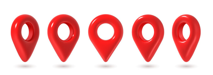 3d pins. Red map location pin in various position, GPS point. Place marker for maps, navigation pointer for app. Destination glossy realistic icons isolated vector set.