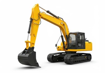 Isolated yellow excavator with black tracks and bucket on a clean white background in a studio shot