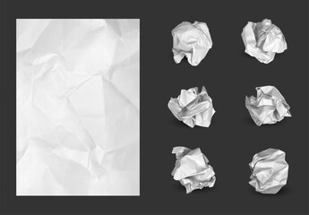 Crumpled balls and paper sheet. Crumple scrunched used white paper sheet with crinkles and trash ball. Vector isolated set for garbage concept.