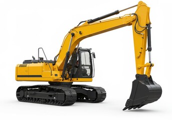 Isolated yellow excavator with a black bucket and tracks on a white background in a studio shot