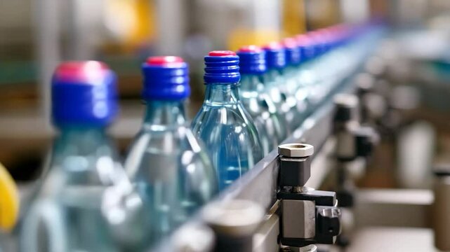 A row of water bottles on an assembly line in a factory setting, representing modern technology in production and the importance of hydration in today&rsquo;s health-conscious society.
