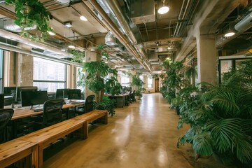 Spacious shared office environment filled with natural greenery, wooden desks and exposed pipes promoting biophilic design