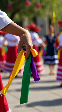 A close-up of a dancer's hands holding colorful ribbons, mid-performance during a traditional Mexican folk dance. The background is festive street. Cinco de Mayo. Independence Day. Fiesta and festival