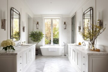 A spacious, bright bathroom features two vanities, a freestanding tub, and large windows overlooking a garden