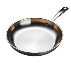 Empty stainless steel frying pan on transparent background, highly detailed photo for cooking equipment, kitchenware and food preparation concepts