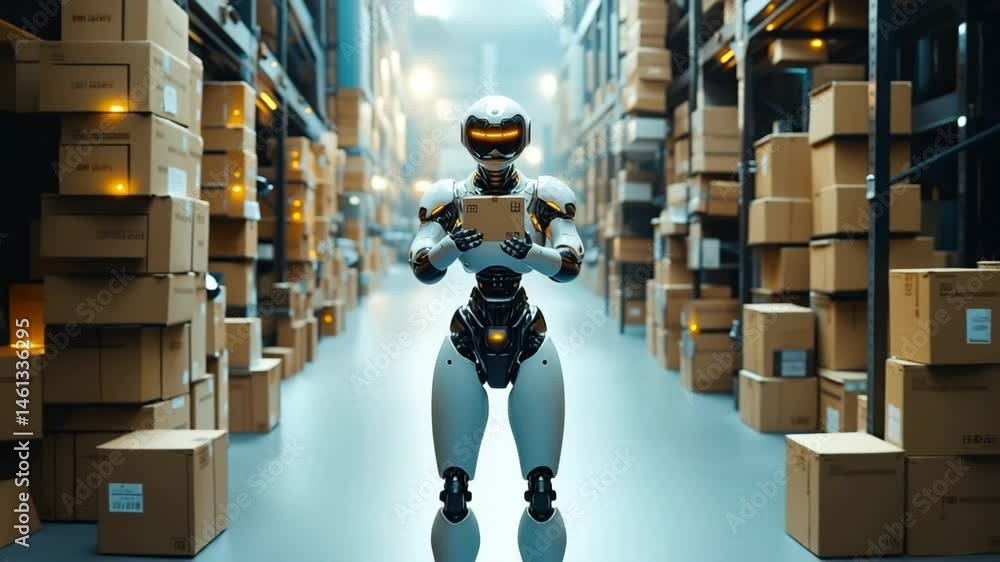 Poster robot in a warehouse holding a package. a humanoid robot stands between stacks of boxes in a modern 