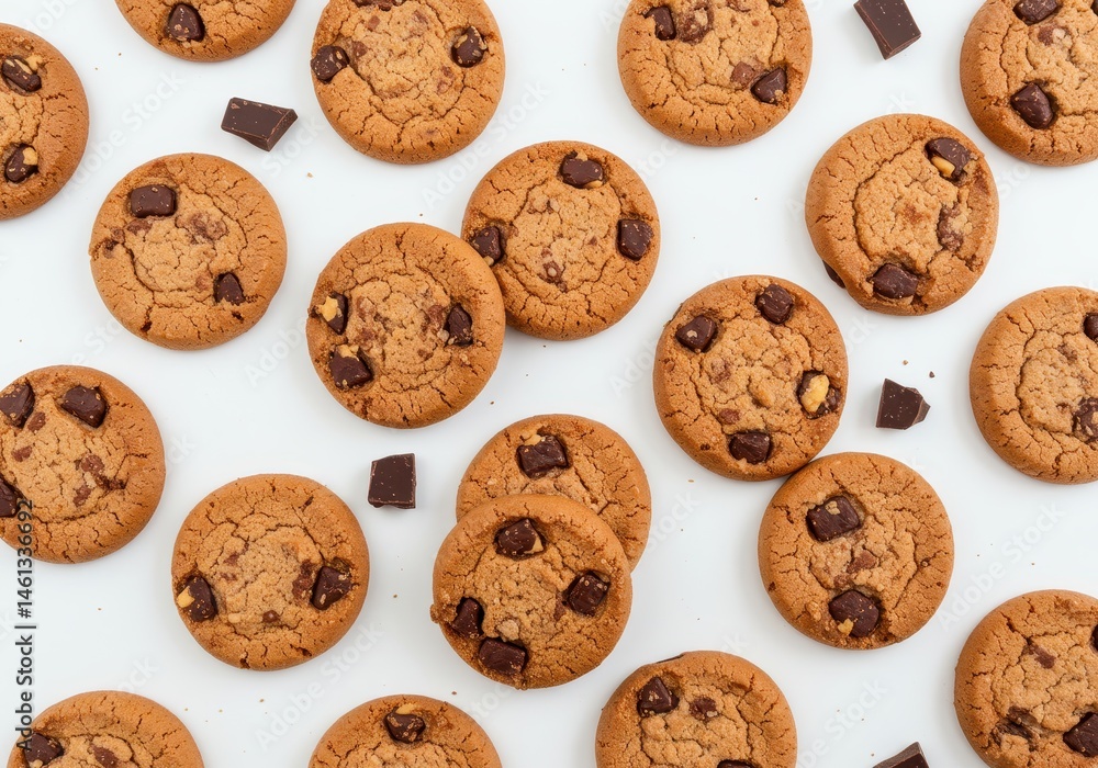Poster overhead view of chocolate chip cookies scattered on a white surface with chunks of chocolate