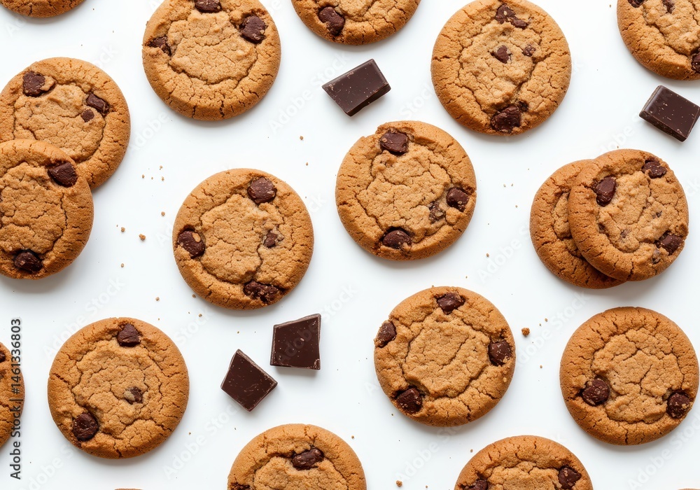 Poster overhead view of chocolate chip cookies and chocolate pieces scattered on a white surface, creating 
