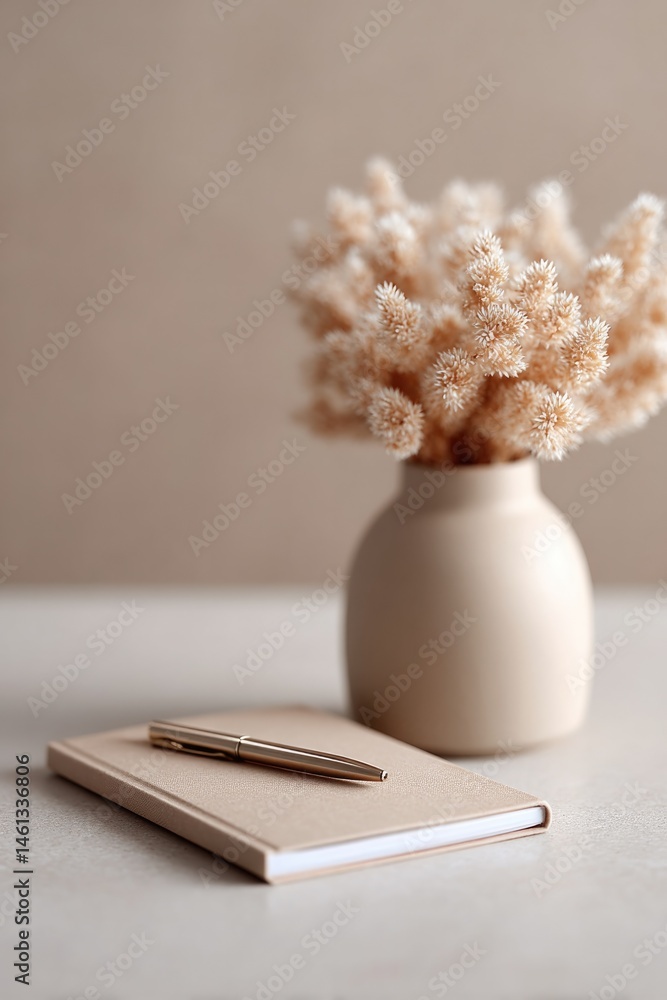 Poster close-up shot of blank notepad with pen set on minimalistic desk surrounded by soothing neutral tone