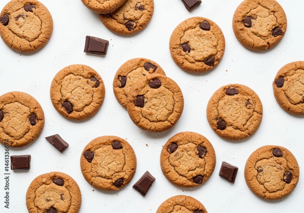 Poster overhead view of chocolate chip cookies and chocolate pieces scattered on a white surface in a patte