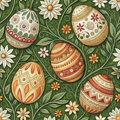 Colorful painted eggs create a seamless Easter pattern, a traditional symbol of spring holiday celebration and artistic decoration