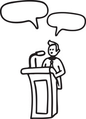 A man speaks from a podium with speech bubbles.