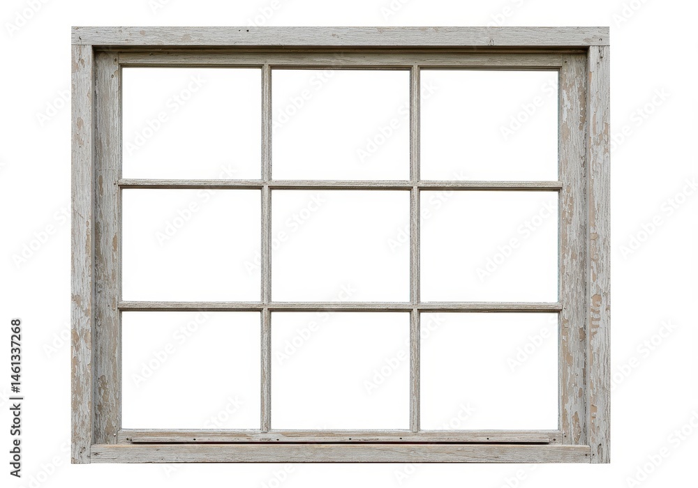 Poster rustic nine pane window frame with weathered gray paint and white background in a square format
