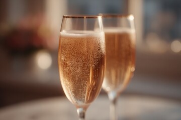 couple toasting with champagne glasses in focus blurry guests in background sunlight streaming through window