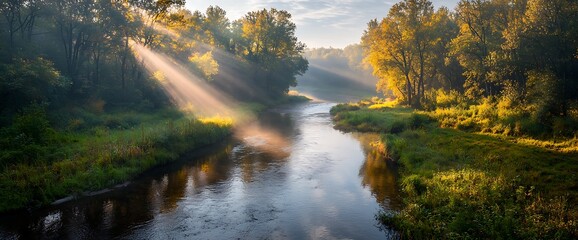 Obraz premium Sunbeams stream through trees over a river in a serene, golden-lit natural landscape