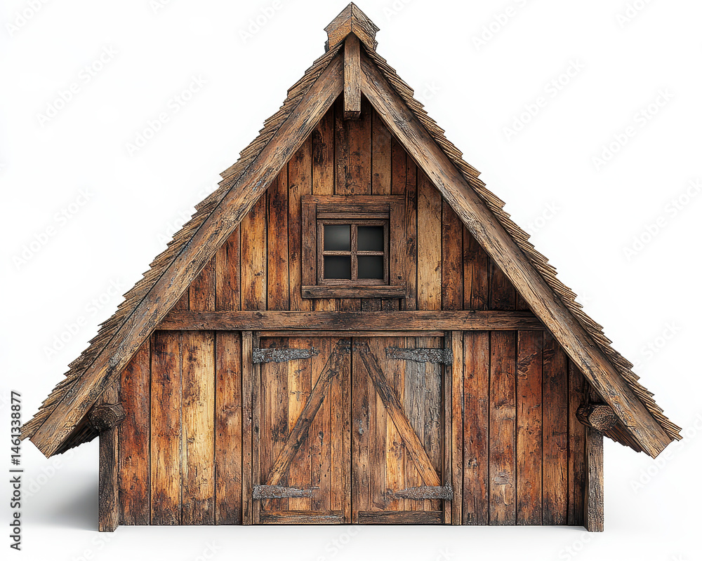 Poster realistic rustic wooden attic with a-frame design on white background for architectural themes and d