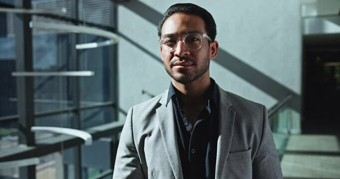 Thinking, vision and face of business man with job in investment, finance or venture capital. Corporate, portrait and professional Asian person with glasses for reflection or private equity in office