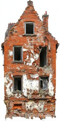 Weathered Red Brick Derelict House Isolated on White