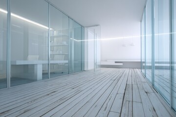 Light-filled, modern office space with glass walls, light-colored wooden floor, and clean white furnishings