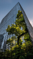 Corporate building facade reflects greenery, showcasing ESG principles and sustainability in urban environments