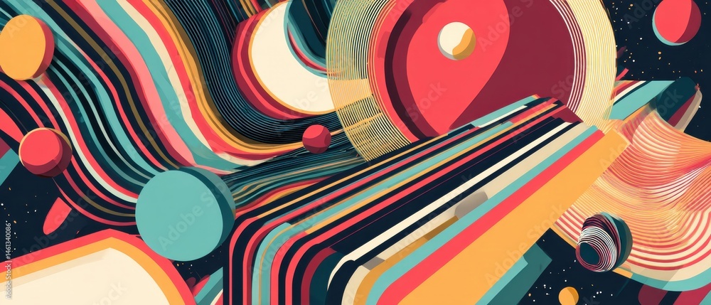 Poster abstract colorful geometric shapes with wavy lines and circles in retro style concept of modern art,