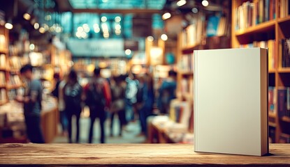 Blank book cover in a bustling bookstore setting.  A single, blank, off-white book cover sits on a wooden table in front of a blurred, well-lit bookstore filled with people browsing shelves
