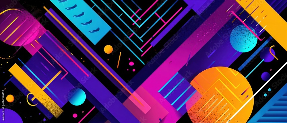 Poster vibrant retro abstract background with geometric shapes and neon colors in a dynamic composition for