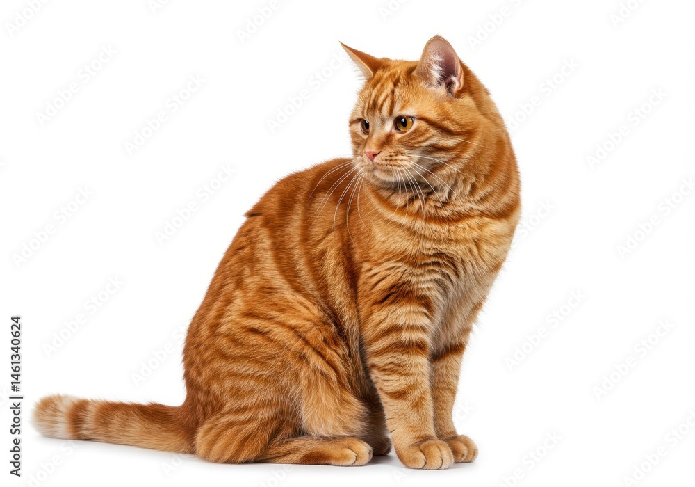 Poster orange tabby cat sitting and looking to the side against a white background in a studio setting