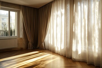 Sunlit room with large windows and curtains